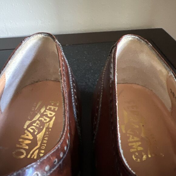 SALVATORE FERRAGAMO Men's Wingtip Oxford Leather Shoes 11 B Cognac Brown Italy - Picture 15 of 16